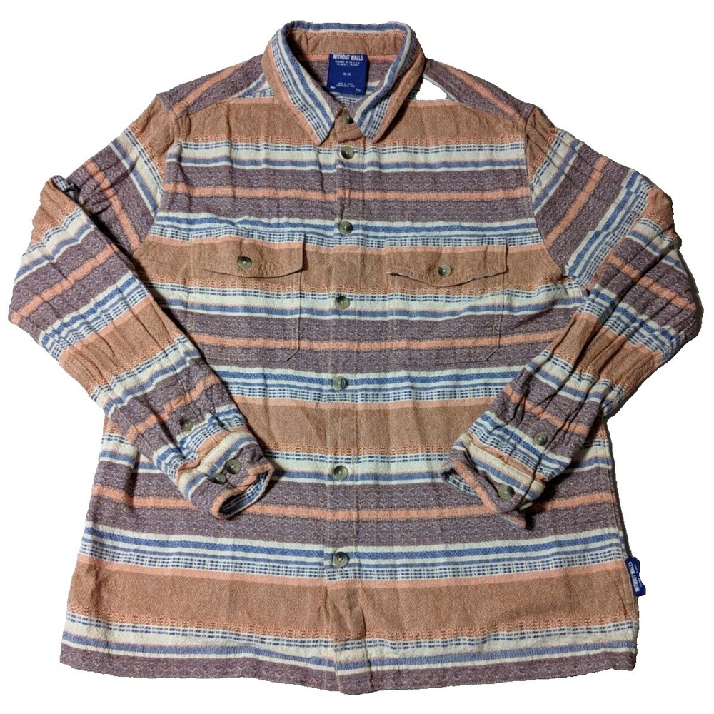 WITHOUT WALLS Men Medium Peach Blue Stripe Cotton Textured‎ Button-Up Shirt